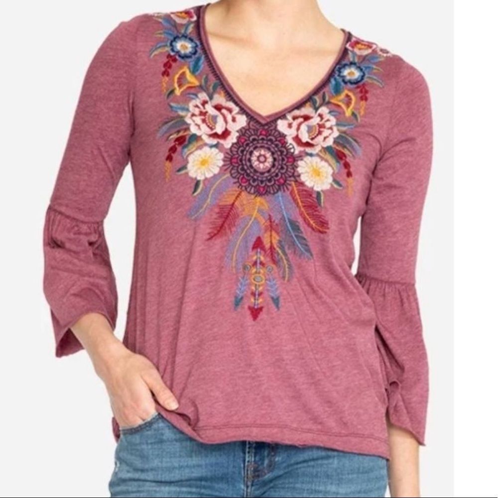 Johnny Was BlackBerry Darielle Bell Flute Sleeve Embroidered Vneck Top